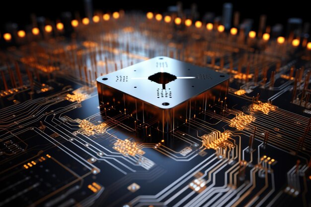 Uma representação digital de um computador quântico placas de computador laranja microchips ai gerado
