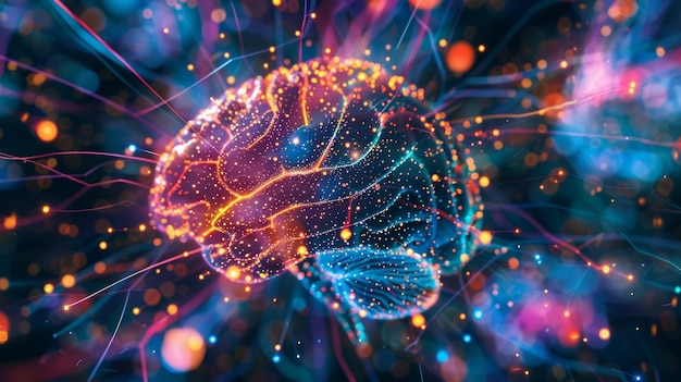 Foto uma representação digital vibrante do cérebro onde cada pixel representa uma conexão sináptica
