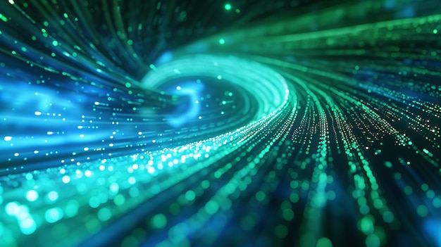 Uma representação dinâmica da velocidade da tecnologia digital se conecta com um fundo azul e verde giratório Visualizando informações cibernéticas nano caminhos de comunicação abstratos e AI futurista Gerativo