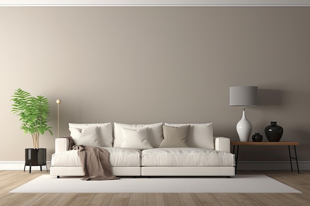 Uma representação do interior de uma sala de estar com uma maquete de parede em branco