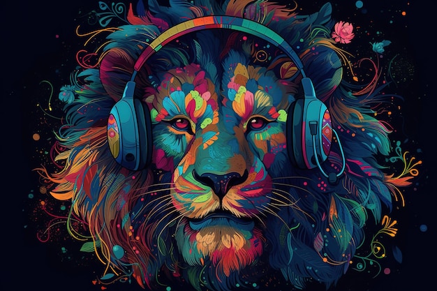 uma representação em desenho animado de um leão usando fones de ouvido na cabeça
