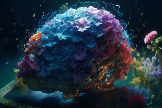 Uma representação etérea de um cérebro coberto de flores iridescentes, incorporando a conexão entre a natureza e o bem-estar mental