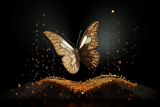 Uma representação gráfica de uma borboleta emergindo de um casulo feito de gráficos financeiros que simbolizam