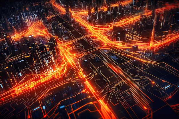 Uma representação imaginativa de uma estrada abstrata entre arranha-céus binários encapsulando o conceito de urbanização baseada em dados