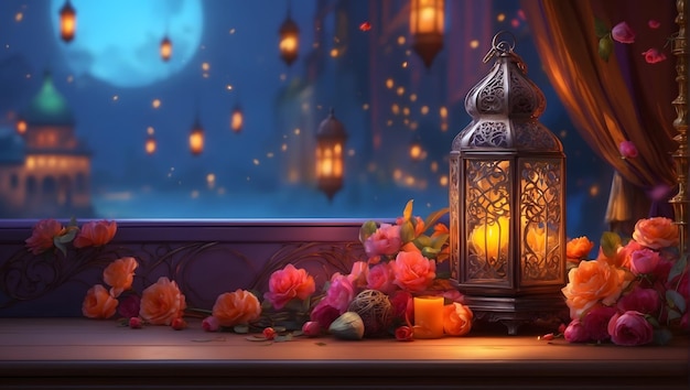 Uma representação lindamente renderizada e altamente detalhada de uma cena de Ramadan Kareem Eid Mubarak