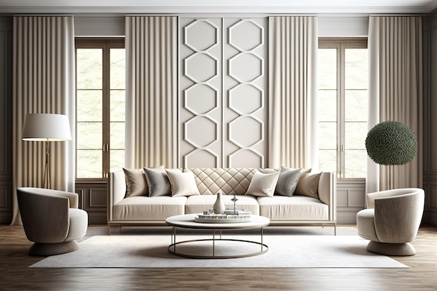 Uma representação realista de um sofá bege de pelúcia contemporâneo em uma sala de estar