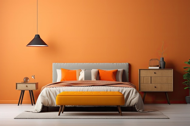 Uma representação renderizada de uma maquete do interior de um quarto com um banco de cama laranja e uma luminária