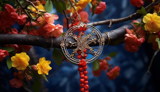 uma representação simbólica do Martisor amarrado a um galho de árvore em flor