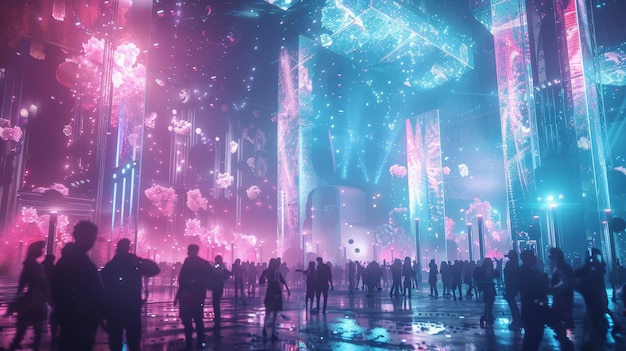Uma representação sonhada de um festival de música futurista com palcos holográficos e artistas digitais. Ilustração gerada por IA