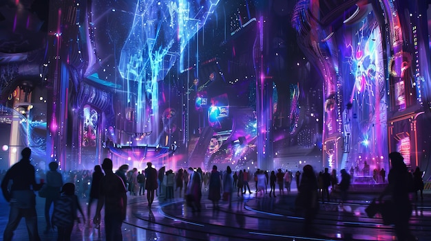 Uma representação sonhada de um festival de música futurista com palcos holográficos e artistas digitais. Ilustração gerada por IA