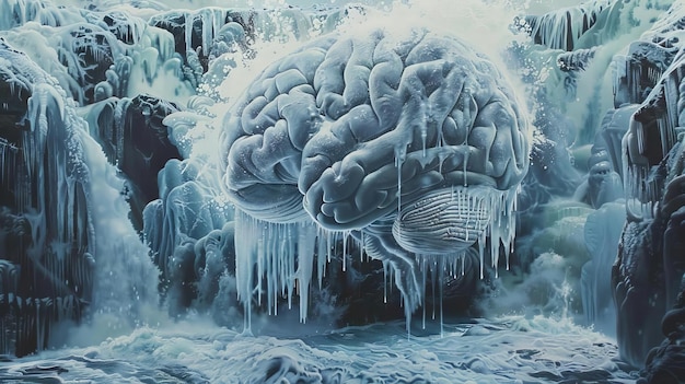 Uma representação surreal de um cérebro encerrado em uma cachoeira congelada escondida atrás de camadas de gelo
