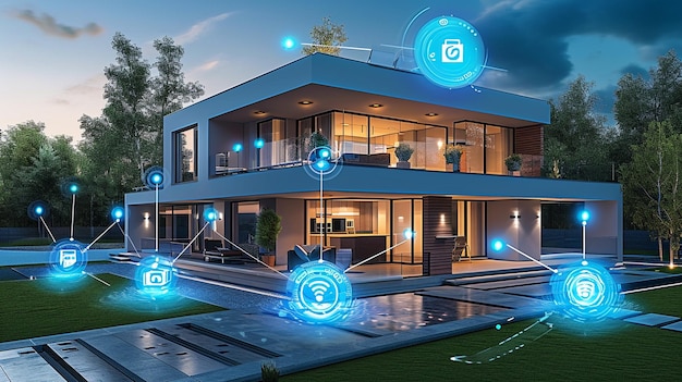 Uma representação visual de uma casa inteligente de alta tecnologia com dispositivos interconectados