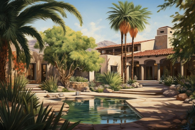 Uma residência localizada em Tucson, Arizona, com abundância de árvores e palmeiras verdejantes