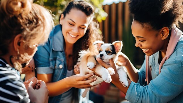 Foto uma reunião alegre de amigos brincando com um cão adorável, lembranças carinhosas juntos.