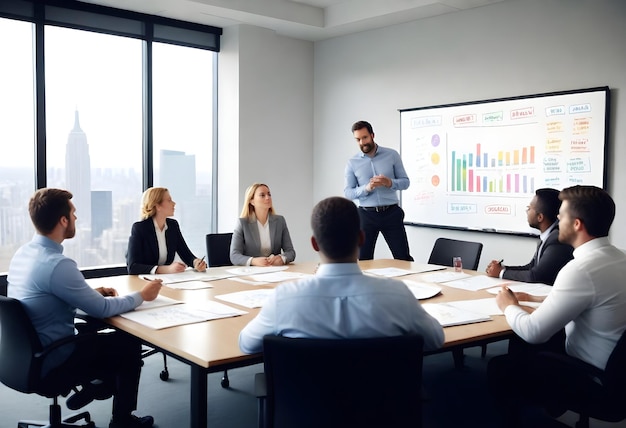Foto uma reunião com uma placa com um gráfico mostrando pessoas em uma sala de reunião