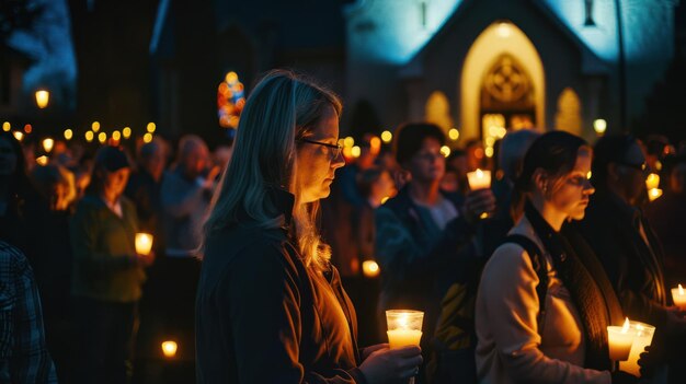 Foto uma reunião de pessoas segurando velas durante uma vigília à luz de velas fora de uma igreja