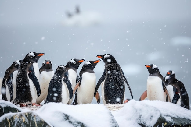 Uma reunião de pinguins de pé em um monte de neve exibindo seu físico único e adaptabilidade um grupo de pingüins amontoados juntos no clima gelado da Antártida AI gerado