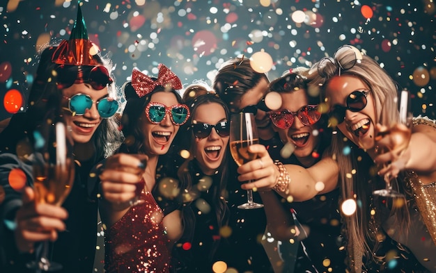 Uma reunião festiva em óculos de sol com tema de véspera de Ano Novo