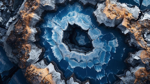 Uma rocha azul e marrom com um grande buraco no centro