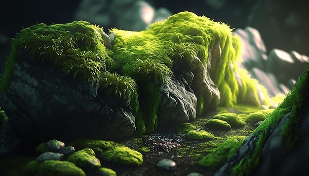 Uma rocha coberta de musgo com um musgo verde nela.