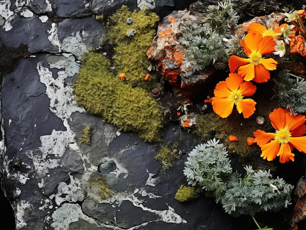 uma rocha com flores e musgo sobre ela e algumas pequenas rochas