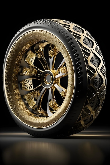 Uma roda com tinta dourada e preta e aro dourado.
