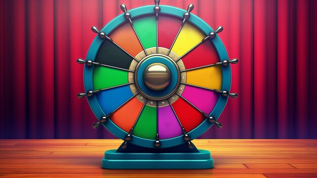 Foto uma roda da fortuna colorida sobre uma mesa de madeira
