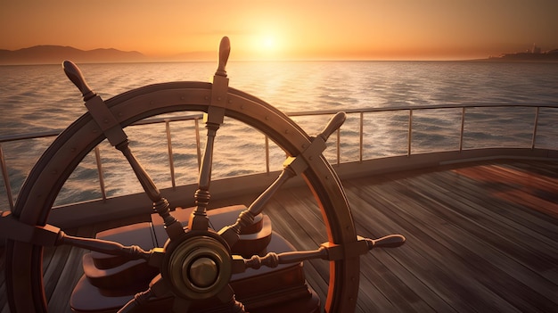 Uma roda de navio com um pôr do sol ao fundo