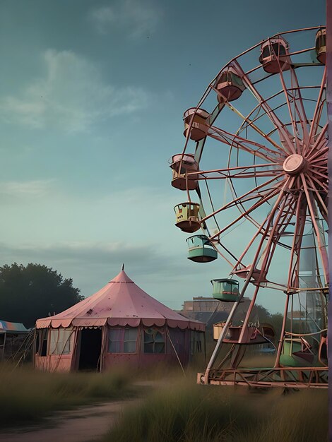 uma roda gigante com uma tenda rosa ao fundo