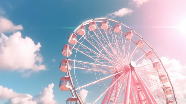 Uma roda gigante em um parque de diversões com um belo céu nublado ao fundo a roda gigante