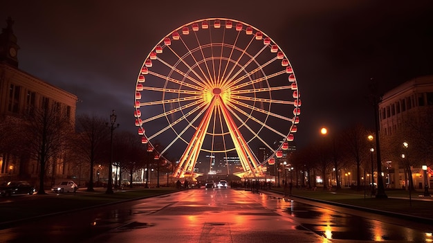 Uma roda gigante na chuva à noite