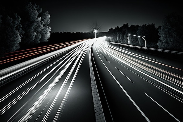 Uma rodovia com luzes acesas e um carro do lado direito.