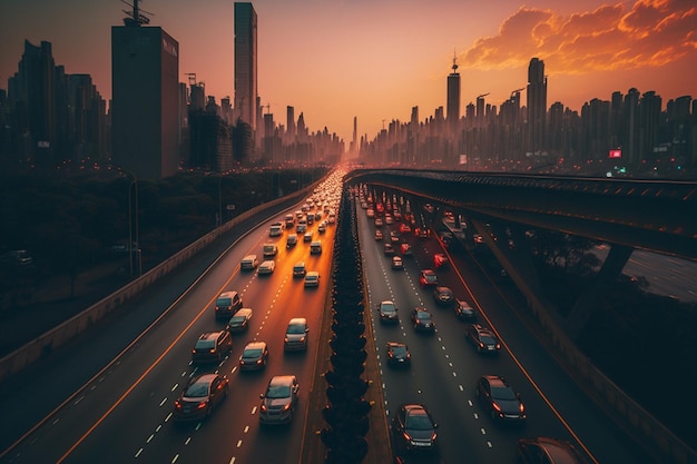 Uma rodovia com muitos carros e um pôr do sol ao fundo.