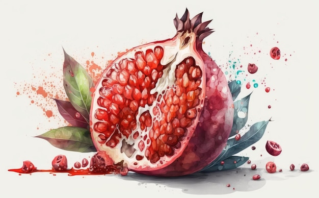 Uma romã desenhada em ilustrações de alimentos orgânicos de frutas em aquarela de fundo branco geradas por ai