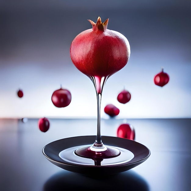 Uma romã vermelha está sobre uma mesa preta com um prato e a palavra maçã.