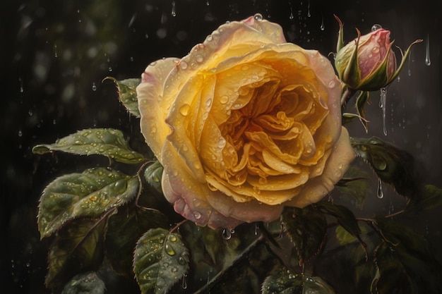 Foto uma rosa amarela com gotas de chuva nela