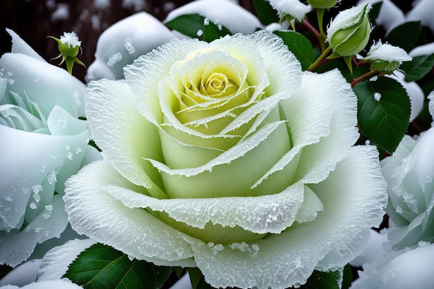 Foto uma rosa amarela congelada escondida no mato com cristais de gelo