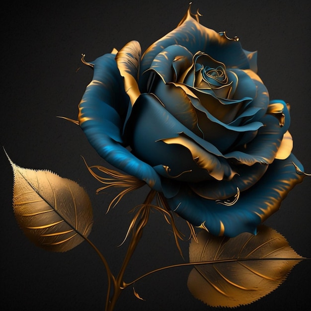 Uma rosa azul com folhas douradas e uma flor dourada nela.