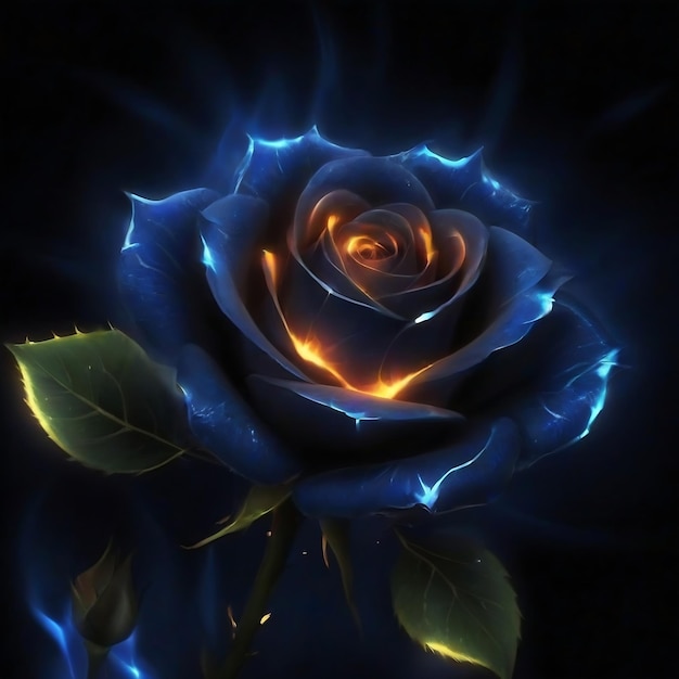 uma rosa azul com um coração em um fundo preto cativando luzes brilhantes