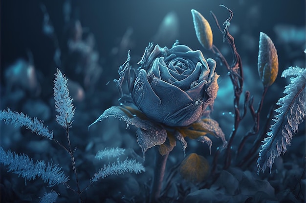 Uma rosa azul congelada escondida no mato com cristais de gelo