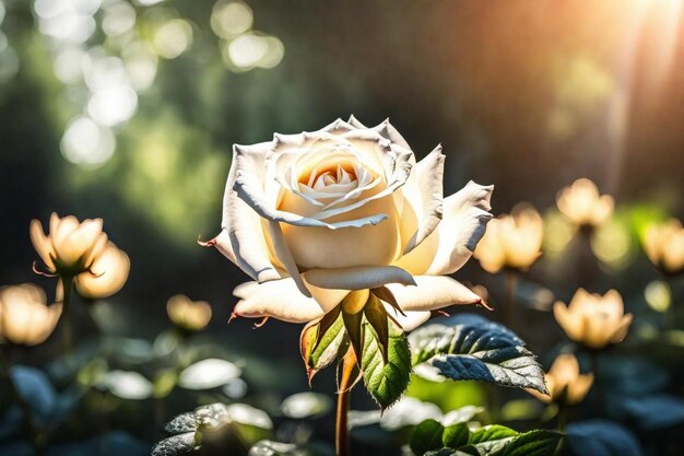 Foto uma rosa branca com o sol a brilhar através das folhas