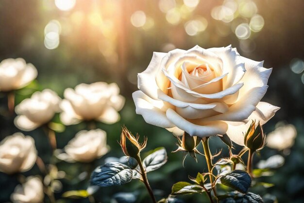 Foto uma rosa branca com o sol a brilhar através das folhas