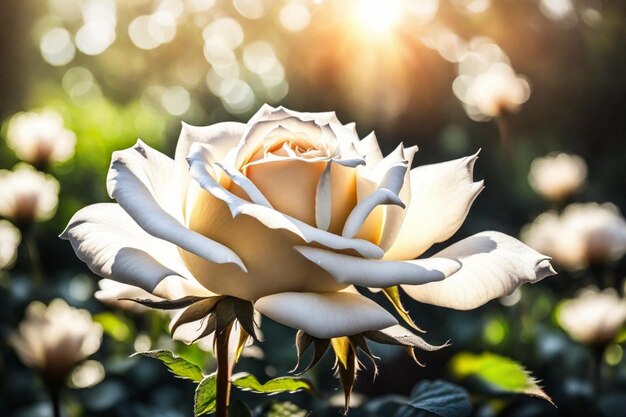 Foto uma rosa branca com o sol a brilhar através das folhas