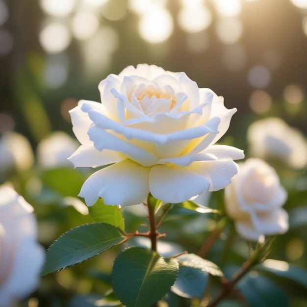 uma rosa branca com o sol a brilhar através das folhas