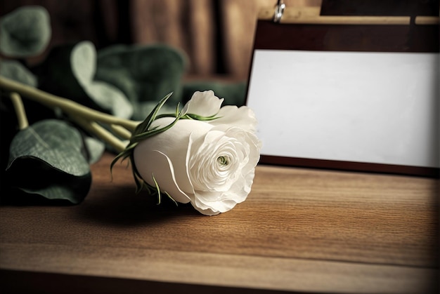 Uma rosa branca fica em uma mesa de madeira ao lado de uma placa em branco que diz 'o amor está no ar'