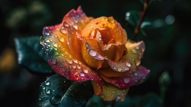Uma rosa colorida com gotas de água