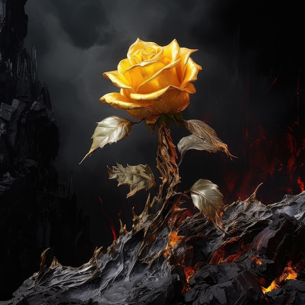 uma rosa dourada com cenário de rachadura de lava gerada por IA