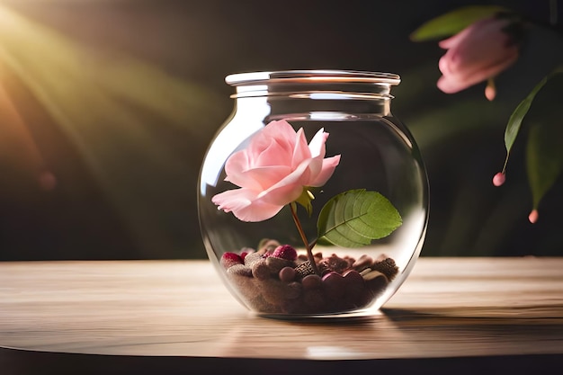 Uma rosa em uma tigela de vidro com água e flores cor de rosa.