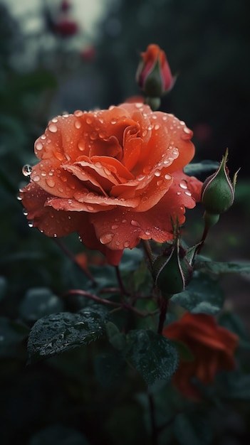 Uma rosa na chuva com gotas de água sobre ela.