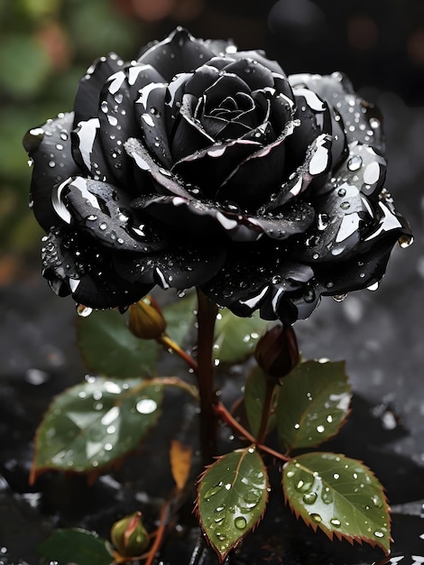 Uma rosa negra adornada com gotas de chuva